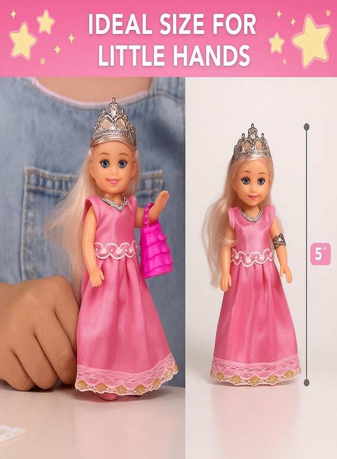 TOMLEON Princess Dolls Playset - 6 Mini Princess Dolls with Colorful Gowns, Crowns & Jewelry - Fantasy Role Play Set for Kids with Elegant Dresses, Accessories & Royal-Themed Box - Gift for Ages 3+ - Image 4